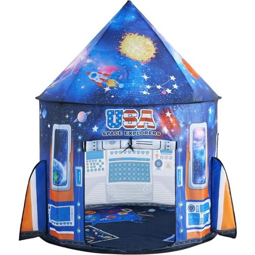JOYIN Rocket Ship Play Tent for Kids – Glow-in-the-Dark Space Tent with Starry, Astronaut Spaceship Foldable Playhouse for Boys & Girls, Indoor Outdoor Kids Pop-up Play House, Children Birthday Toy