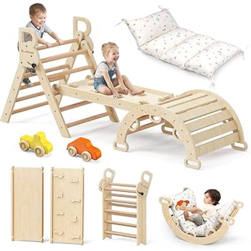 BlueWood Pikler Triangle Set with Cushion, Wooden Climbing Toys for Toddler
