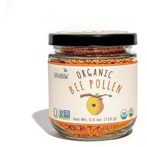 Greenbow Organic Bee Pollen - 100% USDA Certified Organic, Non-GMO, Halal, Kosher Certified, Pure & Natural Bee Pollen - Superfood Packed with Proteins, Vitamins & Minerals - Gluten Free - 155g