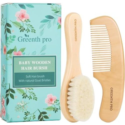GREENTH PRO Baby Hair Bush and Comb Set -Nature Lotus Wood with Soft Goat Bristle and Pear Wood Comb for Newborns & Toddlers, Ideal for Cradle Cap