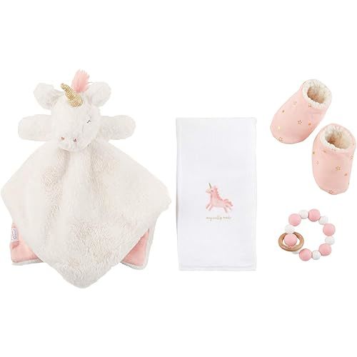 Mud Pie Unicorn Baby Essentials Set, White, Pink, Woobie 8.25" | Booties 0-3 Month | Burp 20.50"