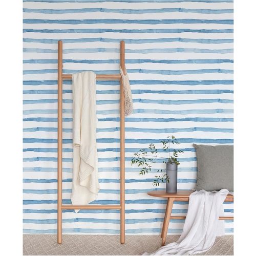 HAOKHOME 96100-1 Watercolor Brush Strokes Stripes Peel and Stick Wallpaper Removable Indigo Blue/White Vinyl Self Adhesive Mural 17.7in x 32.8ft - L: 17.7in x 32.8ft