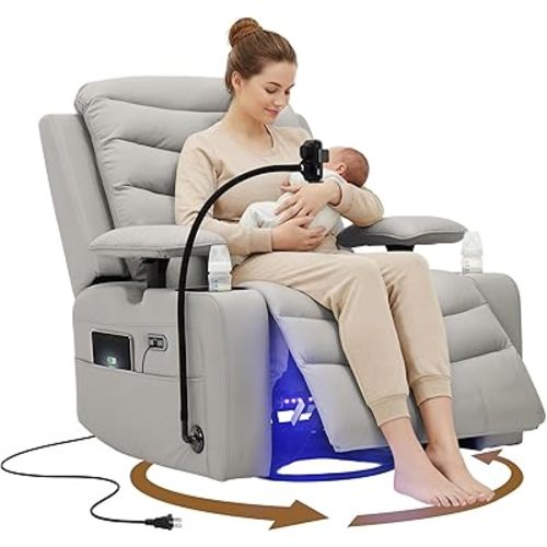 Olela Power Glider Recliner Nursery Chair, PU Leather Swivel Rocking Chair with Electric Lumbar Support, USB Charging, Smart Cup Holder, Light, Adjustable Armrest, Wireless Phone Charger Holder