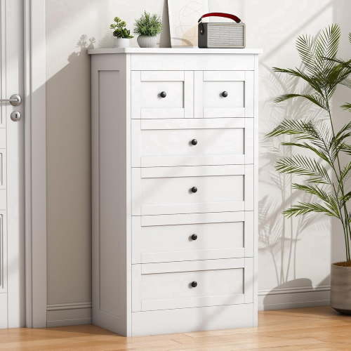Akaber 6 Drawer Dresser for Bedroom, White Modern 43.3'' Tall Wood Dresser with Anti-Tip Kit, Storage Organizer