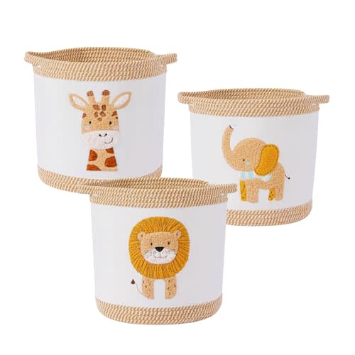 3-Piece Woven Baby Toy Baskets Laundry Hampers, Foldable Nursery Organizer for Toys Clothes Stuffed Animals, Roomy Sturdy Hampers for Baby Gift Nursery Decor Baskets Lion/Giraffe/Elephant Design