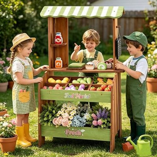HONEY JOY Kids Farmers Market Stand, Fir Wood Outdoor Mud Kitchen & Grocery Store Pretend Play, 43 Fruit & Vegetable Accessories, Price List Chalkboard, Montessori Play Store for Toddlers (Natural)