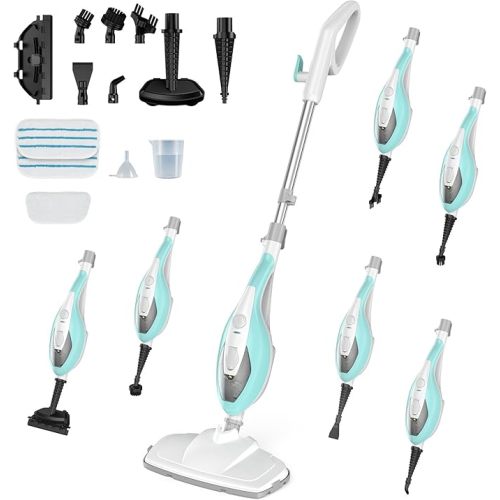 OLIXIS 10-in-1 Steam Mop, 1550W Detachable Handheld Steam Cleaner for Floor Cleaning, 16FT Cord, 2 Washable Pads, Multi-Purpose Floor Steamer for Hardwood, Carpet, Tile, Grout, Windows, White Green