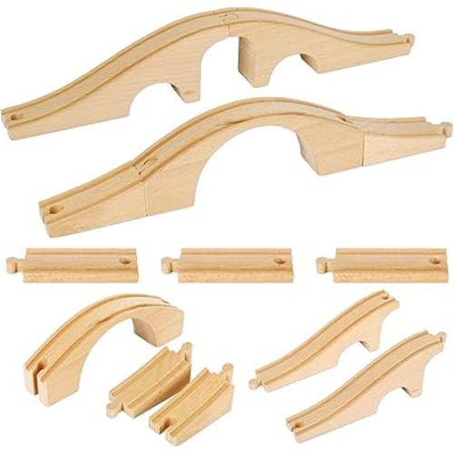 JarThenaAMCS 8 Pcs Wood Train Track Expansion Set Wooden Train Bridges Straight Wooden Train Track Accessories for Most Major Toy Train Tracks Railway