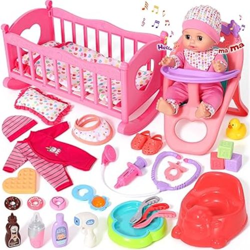 12'' Baby Doll Set with Crib and High Chair, 32 PCS Interactive Baby Doll Make 12 Sounds with Baby Doll Accessories, Doll Playset Toddler Girl Toys Birthday Gifts for 3 4 5 Years Old