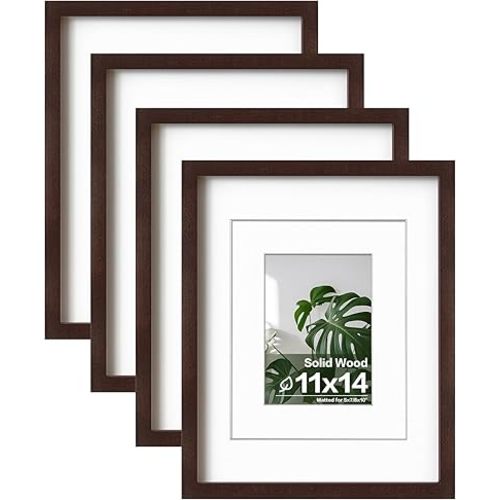 Egofine 11x14 Picture Frames Made of Solid Wood with Plexiglass, Display Pictures 5x7/8x10 with Mat or 11x14 Without Mat Set of 4 for Tabletop and Wall Mounting, Walnut Color
