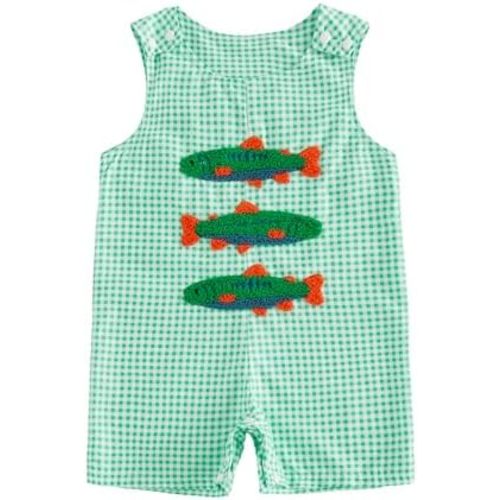 PUHHAPIEY Baby Boy Summer Clothes Sleeveless Embroidery Fishing Gingham Romper Jumpsuit Retro Smocked Shortall