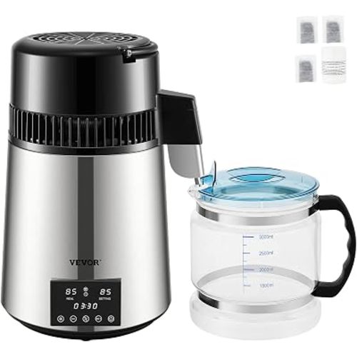 VEVOR Water Distiller, 304 Stainless Steel Countertop Water Stiller, 0.3Gal/H, 0-99H Timing Dual Temp Display, 1.1Gal Distilled Water Maker Machine, Glass Carafe, 3 Carbon Bags, Citric Acid Powder