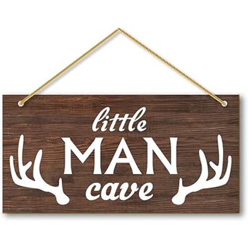 Rutiyoka Little Man Cave, Woodland Nursery Decor Wooden Door Sign for Kids Room, Forest Theme Baby Bedroom Wall Decorations for Nursery Toddler Playroom Wall Art