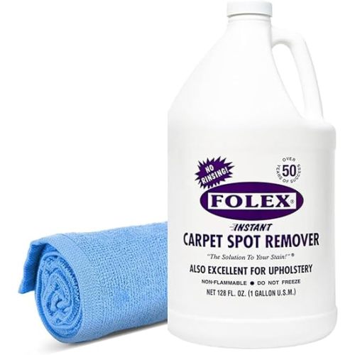 FOLEX Instant Carpet Spot Remover 128 oz - Powerful Stain Remover for Carpets, Upholstery & Rugs - Eliminates Pet Stains, Grease, Red Wine, Food, Makeup & More - With Reusable Cleaning Cloth