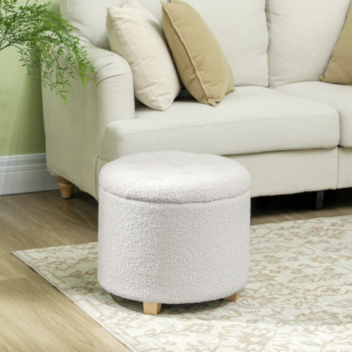 Ebern Designs 18" Round Storage Ottoman, Teddy Fleece Bedroom Stool with Removable Lid and Wood Legs, Button Tufted Footstool for Living Room, Hallway, White | Wayfair