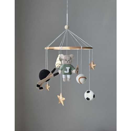 Vintage Hockey Teddy Bear mobile, Sport Nursery mobile with Vintage Football Teddy Bear, Soccer bear mobile, Baby boy shower, new mom gift.