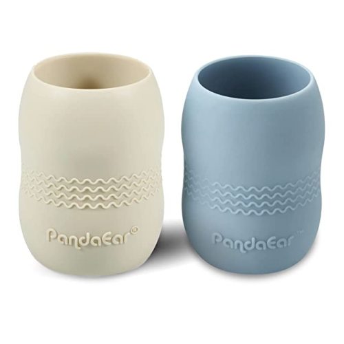 PandaEar 2 Pack100% Tiny Silicone Drinking Training Cup for Baby and Toddler, 3.5oz (Blue&White)