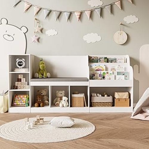 Gizoon 67" Kids Reading Nook with Bench, Toy Storage Organizer with Seat Cushion, Anti-Tip Design, Rounded Corners for Playroom Bedroom Nursery Kids Room School