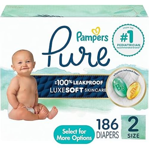 Pampers Pure Baby Diapers, Size 2, Up to 100% Leakproof, Premium Hypoallergenic Soft Diapers, 1 Pack (Count of 186)