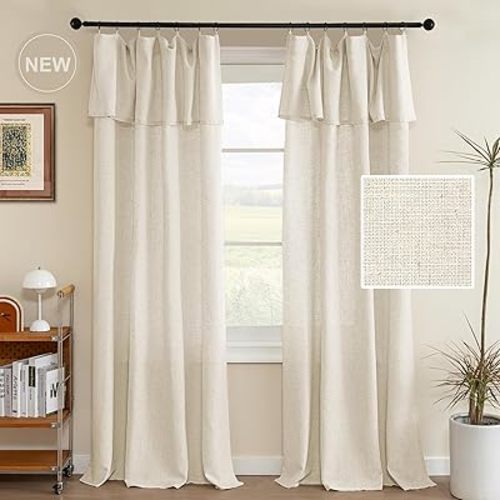 H.VERSAILTEX Linen Curtains with Valance 84 Inch Length for Living Room Boho Window Curtain, Drapes 2 Panels Set for Farmhouse Semi-Sheer Treatments Rod Pocket/Ring Top for Bedroom 52 x 84 Inch, Ivory