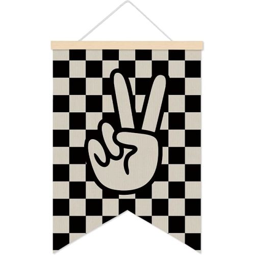 LARNDUMAMA Boys Room Checkered Wall Canvas Banner, Playroom Wall Art Decor, Black Kids Positive Hanging Banner Decor for Boys Room Toddlers, Retro Nursery Room Wooden Poster Frames, 12x16 Inch