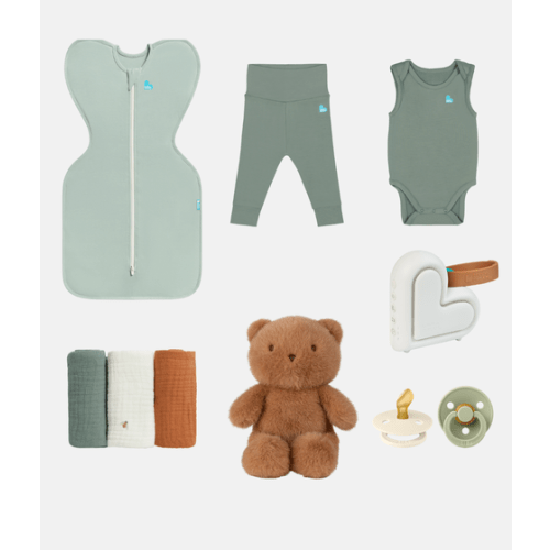 Newborn Ultimate Gift Bundle | Toy | Dummies | Sleep Machine | Swaddle | Bodysuit | Leggings | Wash Cloth | Olive