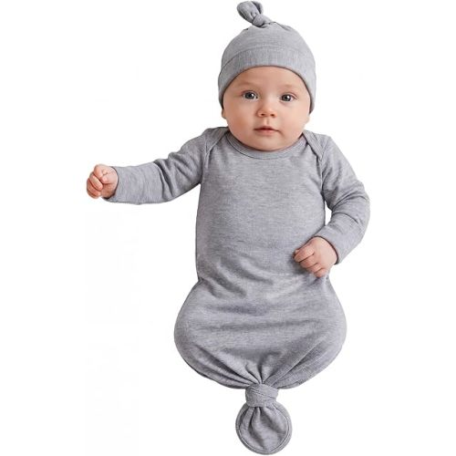 Newborn Knotted Baby Gown 0-6 Months, Super Soft Breathable Nightgowns for Babies Girl and Boy, Baby Girls Coming Home Hospital Outfit with Hat Set Grey