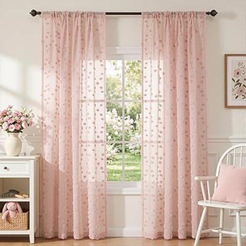 MYSKY HOME Pom Pom Pink Sheer Curtains for Bedroom Girls Room Dusty Rose Curtains 72 Inches Long for Nursery Kids Light Filtering Boho Window Drapes, Rod Pocket, 52" Wide, 2 Panels