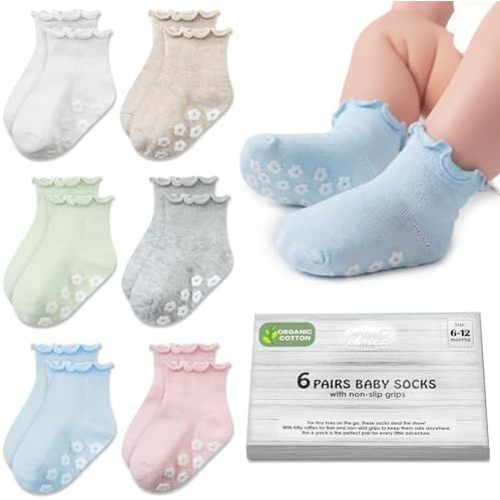 Mother's Choice Organic Cotton Ruffle Baby Socks 6 Pairs Non Slip Socks For 6M To 5Y Toddlers With Soft Fabric For Daily Use