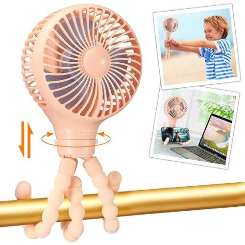 snawowo Mini Portable Baby stroller Fan, Auto Oscillating Battery Operated Personal Small Handheld Fan with Flexible Tripod, Rechargeable Clip On for Car Seat Crib Treadmill Travel Camping Pink