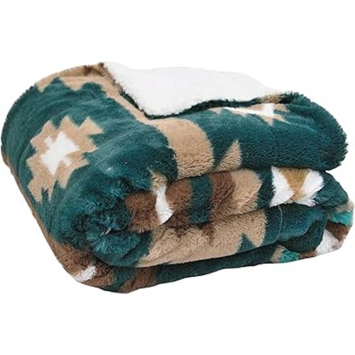 Home Soft Things Southwest Faux Fur Throw Blankets Reversible to Sherpa, Boho Plush Soft Warm Lightweight Bohemian Blanket for Couch Bed Chair, Geometric Sofa Cover, Deep Teal, 50" x 60"