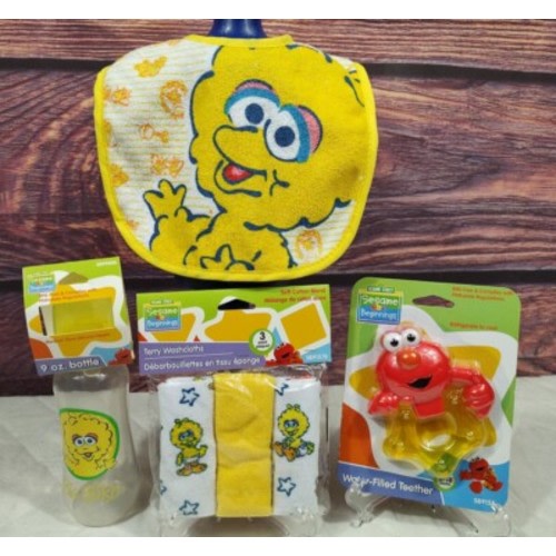 Sesame Street beginnings lot, bottle, Teething Ring, Bib, 3pk washcloths