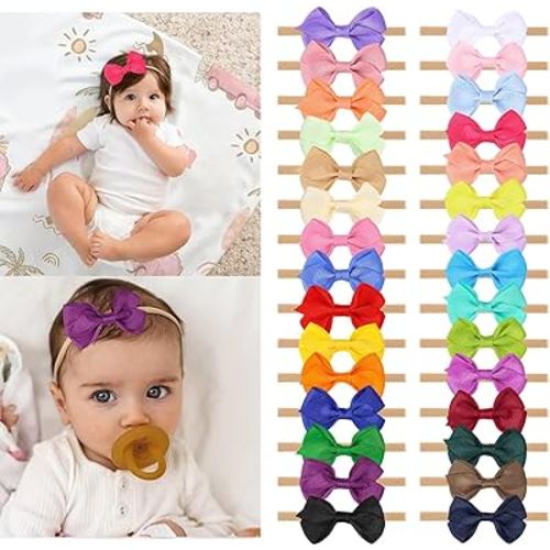 30pcs Baby Bow Headbands Set Colorful Soft Elastic Hairbands with Bows, Cute Hair Accessories for Newborns, Infants and Toddlers