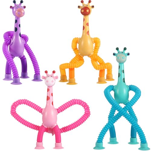 XONTEUS 4Pcs Giraffe Pop Tubes Sensory Toys, Telescopic Suction Fidget Toys for Autism, Toddler Travel & Airplane Activities, 2025 Boy & Girl Christmas Stocking Stuffers Gift Idea