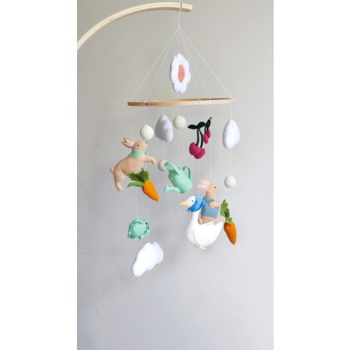 Baby mobile Garden rabbit ,Garden rabbit nursery mobile,Garden bunny felt mobile,Mobile with rabbit in the garden,Neutral gender crib mobile