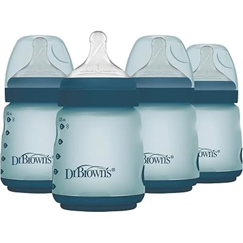 Dr. Brown's Silicone Baby Bottle with Collapsible Insert Designed to Reduce Colic, 5 oz with Wide-Neck Level 1 Slow Flow Nipple, 0m+, Blue, 4-Pack