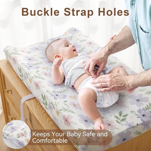 TILLYOU Changing Pad Cover Girl Set in Soft Jersey Material - Fits 32"/34''x16 Contoured Pad for Babies, Brilliant Little Flowers and Purple