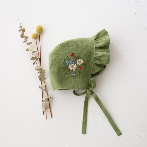 Baby Bonnet, Linen Ruffle Hat with "Strawberry Bouquet" Embroidery, Newborn Photo Prop & Baby Gift in Meadow Green