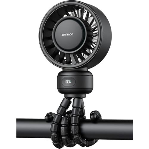 Warmco Portable Stroller Fan, 4000mAh Rechargeable Clip On Fan with Flexible Tripod (Up to 15H), 4 Speeds, LED Display, Detachable Front Grille, Quiet Operation, for Car Seat, Crib & Treadmill