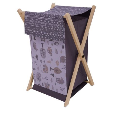 Bacati - Owls Gray/Beige Neutral Laundry Hamper with Wooden Frame