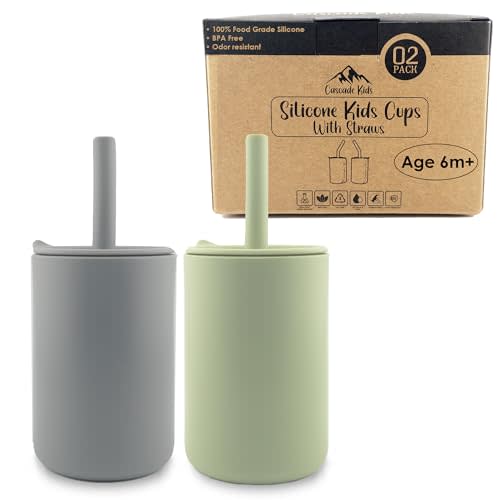 Cascade Kids Silicone Toddler Smoothie Cups with Straw, Unbreakable Training Cup with Straw for Babies and Toddlers for less mess, BPA-Free Silicone Baby cup, 6+ Month, 6oz, 4 pack Green/Grey