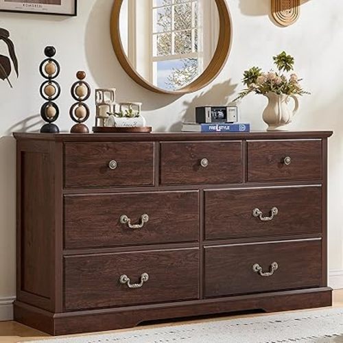 Farmhouse 7 Drawer Dresser for Bedroom,57" Wide Wood Rustic Chest of Drawers,Farmhouse Chest of Drawers for Bedroom,Wood Drawer Organizer for Bedroom,Hallway,Walnut