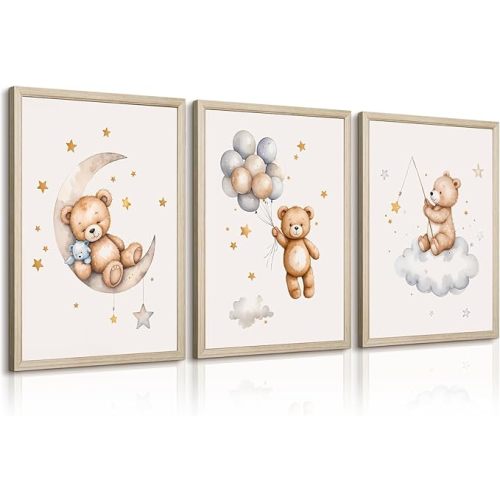 Teddy Bear Nursery Wall Art Decor Baby Boy Girl Room Poster Vintage Nursery Canvas Wall Decor Toddler Kids Room Pictures Cute Bear Neutral Artwork for Bedroom Playroom 16x24 Framed Set of 3