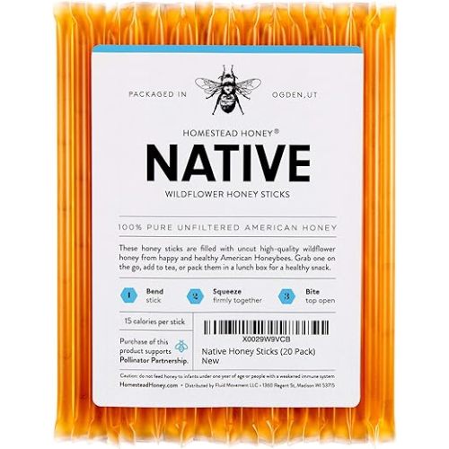 Homestead Honey 20-Pack Honey Sticks - Sweet Pure Wildflower Honey Packets for Tea and Snacks - Single Serve Natural Sweetener Straws - Easy Open for Travel, Lunchboxes, and On-the-Go Use