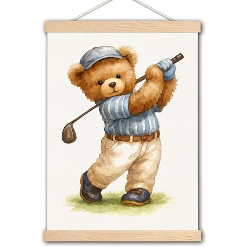 DNEULYR Bear Golfing Wall Art Poster, Golf Nursery Wall Decor, Retro Cute Bear Golfer Sports Poster Hanger Frame for Toddler Kids Boys Room Bedroom Playroom Nursery, 12x16 Inches