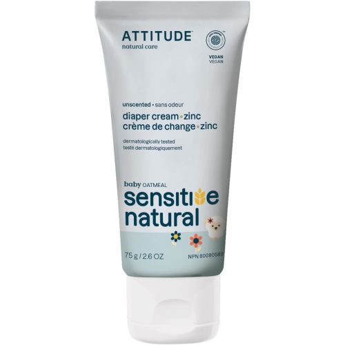 ATTITUDE Diaper Cream with Zinc & Oatmeal, Made in Canada, for Baby with Sensitive Skin, Plant & Mineral-Based, Dermatologically Tested Vegan, Unscented 75 g