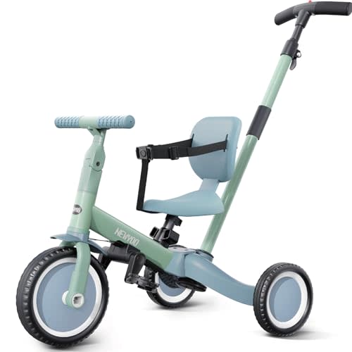 newyoo Toddler Tricycle with Push Handle for 1-3 Year Old, Toddler Bike, Birthday Gifts and Toys for Boys and Girls, 5 in 1 Kids Trike, Convert to Baby Balance Bike, Green, TR007