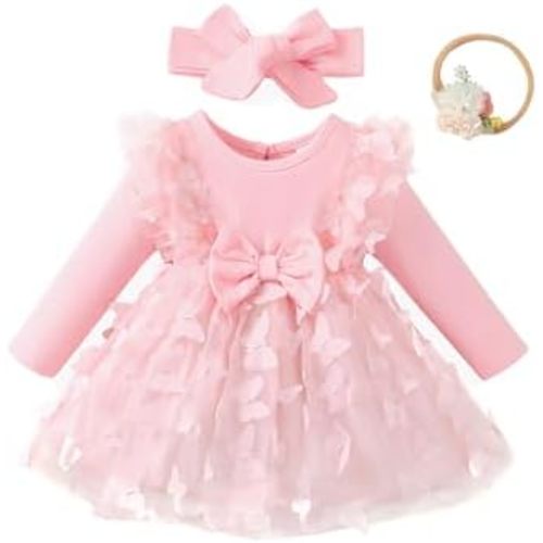Renotemy Baby Girl Flower Dress Fall Winter, Tutu Tulle Princess Wedding Birthday Party Dresses for Newborn Girls 0-18 Months
