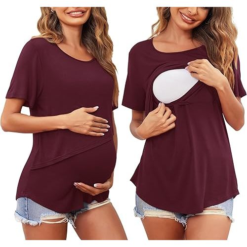 Ekouaer Women Short Sleeve Nursing Shirts Soft Maternity Tops Double Layer Breastfeeding Blouse Round Neck Pregnancy Clothes