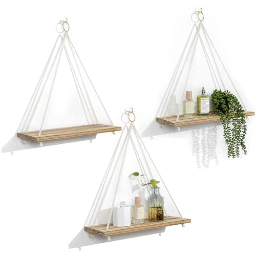 MITIME Hanging Shelves for Wall & Window Plant Shelf Indoor - Floating Shelves for Bedroom Bathroom Living Room - Macrame Hanging Shelf - Boho Wall Decor Home, Light Color,Large*3
